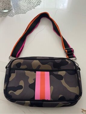 Camo Crossbody Bag with Pink & Orange Stripe